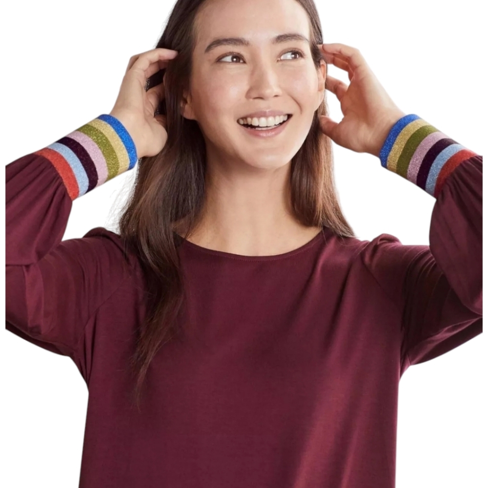 Boden Sz 4 Maroon Ruby Ring Crew Neck Long Sleeve Blouse Striped Glitter Cuff